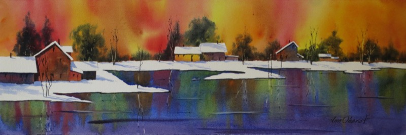 landscape, autumn, lake, fall, original watercolor painting, oberst